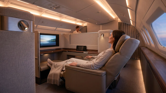 Interior de cabina de primera clase con pasajero relajado, iluminaci&oacute;n suave, asiento amplio, ambiente elegante, tonos neutros, estilo premium.