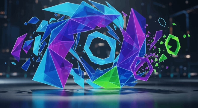 Vibrant geometric crystal formation with purple, blue, and green hues