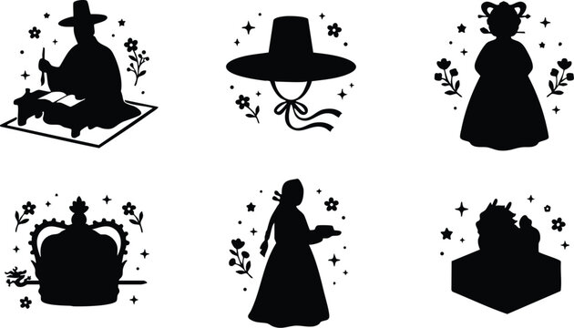 Black silhouette traditional korean figures and hat vector art set