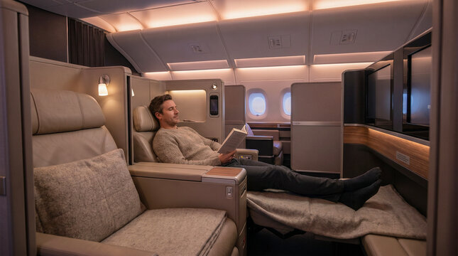 Interior de cabina de primera clase con pasajero relajado, iluminaci&oacute;n suave, asiento amplio, ambiente elegante, tonos neutros, estilo premium.