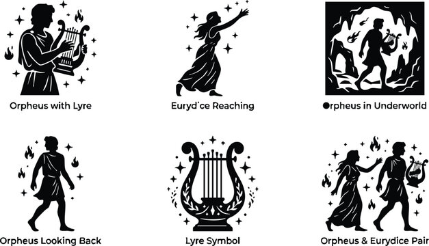 Orpheus with lyre and eurydice reaching scenes