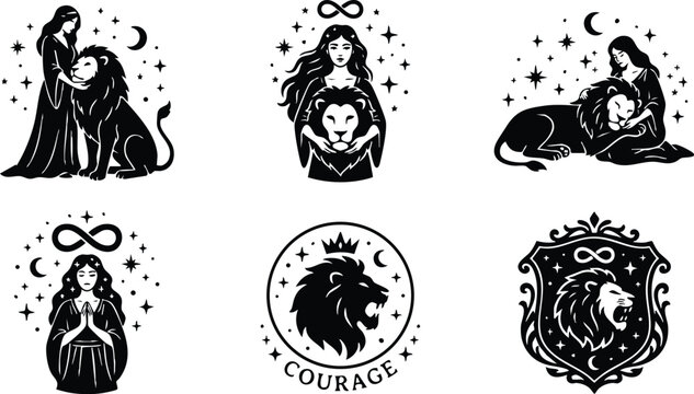 Black and white lion courage and infinity symbol vector art set