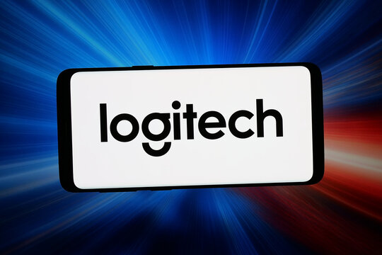 Stuttgart, Germany - 04-10-2026: In this photo illustration, the logo of Swiss company Logitech International S.A. is displayed on a smartphone in front of abstract background on computer screen.
