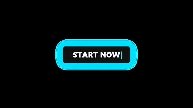 Minimalist neon blue start now button with a typing text animation and a blinking cursor