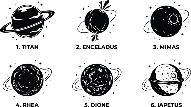 Saturn moons titan enceladus mimas rhea dione iapetus with stars