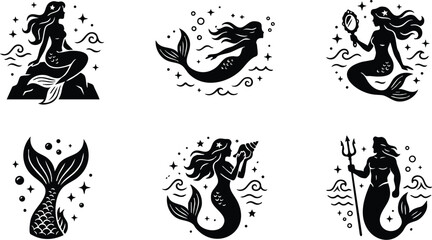 Fototapeta premium Black and white mermaid and merman silhouette vector art with sea elements