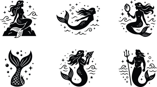 Black and white mermaid and merman silhouette vector art with sea elements