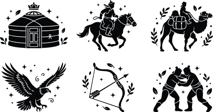 Black silhouette nomad culture with yurt eagle horse camel wrestling bow and arrow
