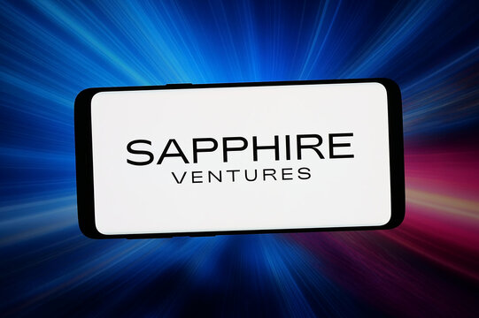 Stuttgart, Germany - 04-10-2026: In this photo illustration, the logo of venture capital company Sapphire Ventures LLC is displayed on a smartphone in front of abstract background on computer screen.