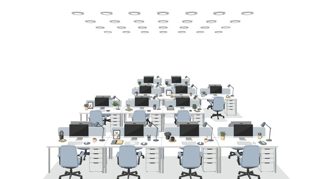 Numerous rows of white office desks equipped with light blue ergonomic chairs and desktop computers are arranged under a grid of circular ceiling lights.