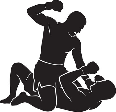 Mixed Martial Arts MMA Ground and Pound Silhouette of Two Fighters Competing in Cage Combat Sports Match with One Athlete Striking Opponent on Floor During Professional Extreme Fighting Championship E