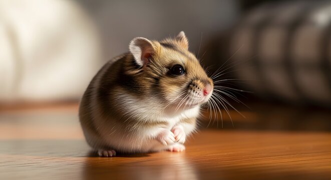 Cute Dwarf Hamster Sitting on Wooden Floor in Warm Sunlight, Close-up Portrait of a Small Pet Rodent