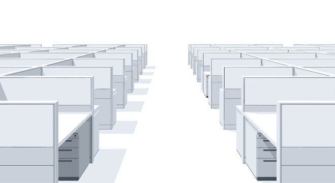Two long rows of pristine white office cubicles with integrated gray drawers stand empty along a central walkway in a bright and minimalist environment.