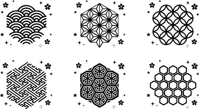 Black and white geometric asian patterns vector art set with floral accents
