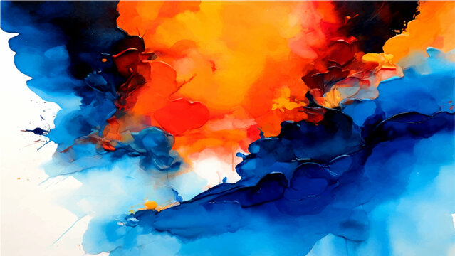 Abstract watercolor painting with vibrant color splashes mixing vivid hues of crimson, sapphire and marigold as contemporary art.