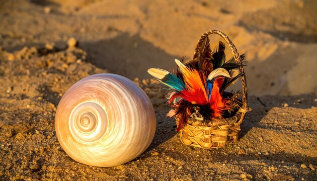 A large, iridescent conch shell rests beside a small, intricately woven basket filled with colorful feathers on a sandy shore.