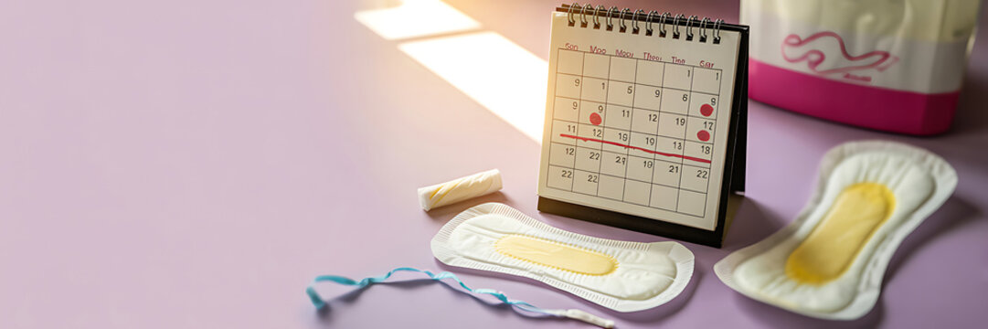 Menstrual products and calendar for period tracking on a purple surface with natural light