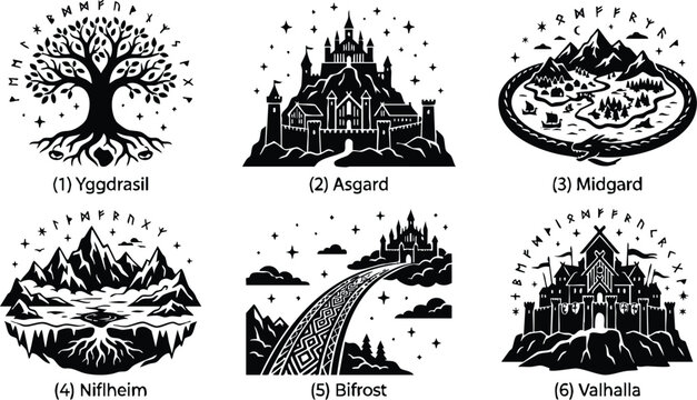 Black and white norse mythology world tree castle and realms line art vector