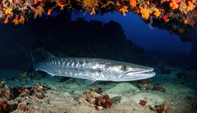 A Sharp-Toothed Barracuda Lurks Motionlessly in the Shadow of a Coral Overhang Underwater
