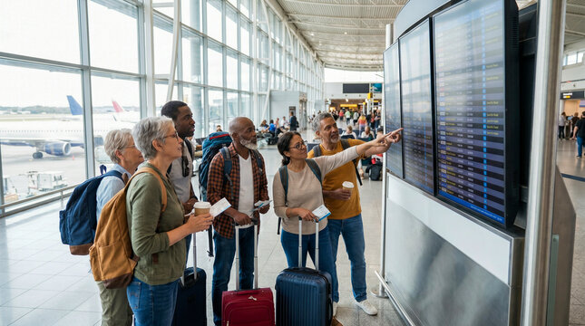 Grupo diverso de viajeros en aeropuerto moderno mirando panel de vuelos, luz natural, estilo lifestyle aut&eacute;ntico.