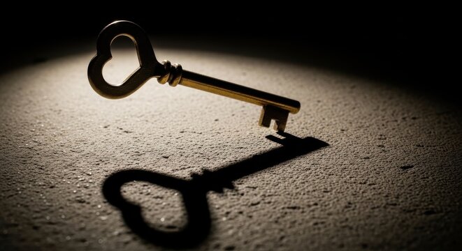 A vintage gold key casting a shadow on a textured surface