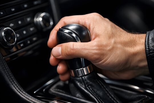 A person uses their hand to shift the gear in a car while driving on the road. The scene captures the focus required for safe driving and vehicle control