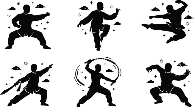 Black silhouette martial arts poses performing kung fu movements with sword and kicking