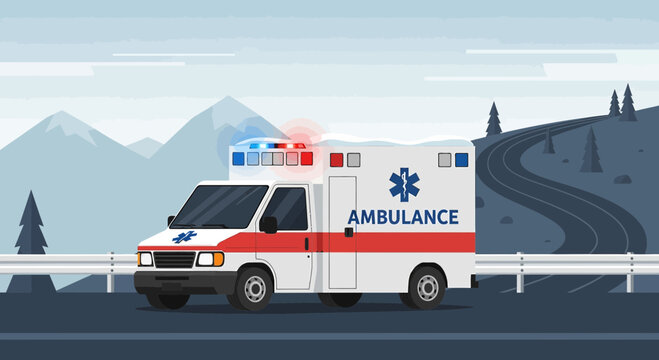 Ambulance with flashing lights driving on a highway with mountains in the background