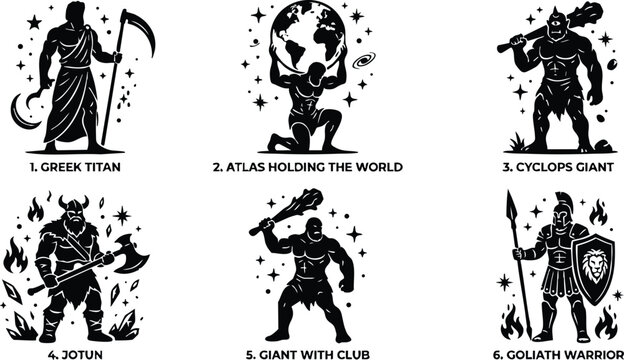 Black and white greek titan atlas cyclops jotun giant warrior silhouettes vector art