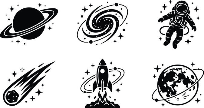 Black and white space icons including planet with rings rocket astronaut comet galaxy moon