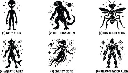 Fototapeta premium Black silhouette set of six alien types including grey reptilian insectoid and silicon based aliens