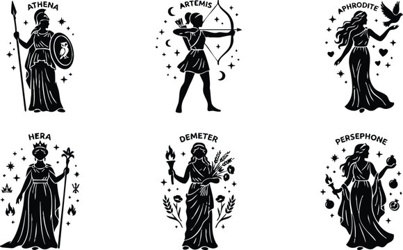 Six greek goddesses in classical poses with distinct attributes