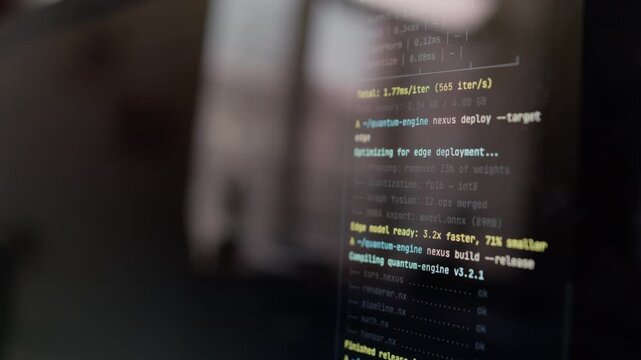 Extreme close up of screen displaying console output with software deployment commands and metrics