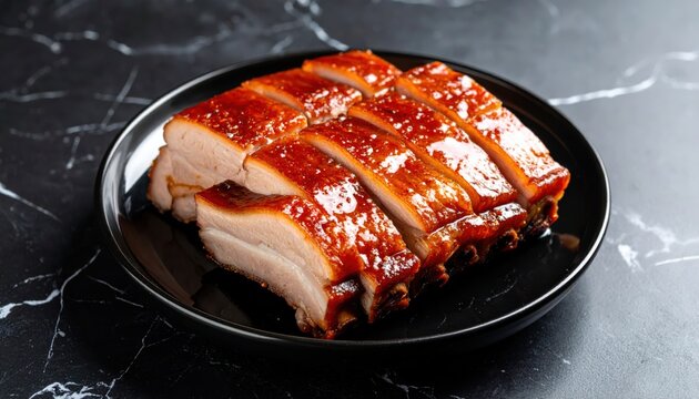 Glistening Char Siu Pork Belly With A Caramelized Glaze, Expertly Sliced Thinly, Served on a Black Plate.