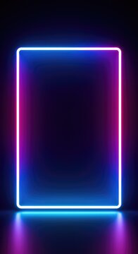 A vibrant futuristic light background featuring an empty geometric neon frame glowing brightly in electric colors. Ideal abstract copy space, magenta, shine, display