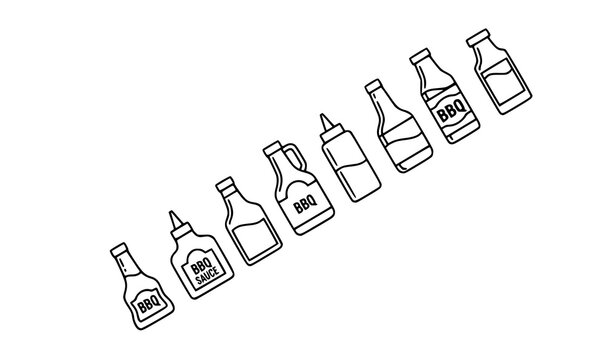 Outline BBQ sauce bottle icons diagonal vector set with minimal barbecue line design