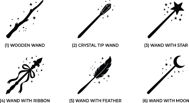 Black and white magic wands set with star ribbon feather and moon tips vector art