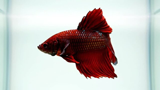 Stunning Red Betta Fish Swimming Gracefully in Clear Aquarium with Flared Fins and Majestic Display