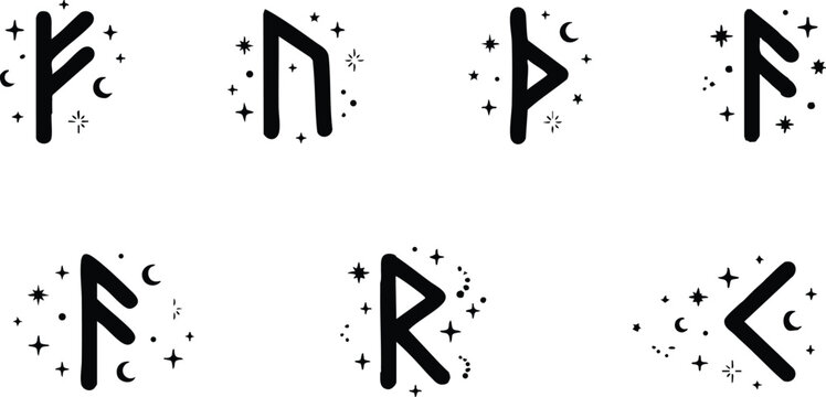 Black magic rune symbols vector art with moon and stars