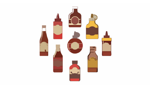 BBQ sauce bottle icons circular vector set with barbecue condiment packaging design