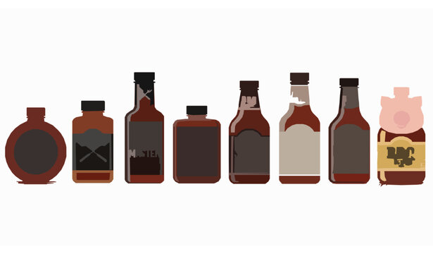 BBQ sauce bottle icons horizontal lineup vector with barbecue condiment collection