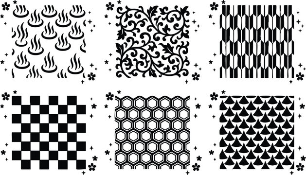 Black and white seamless geometric and floral pattern collection vector art