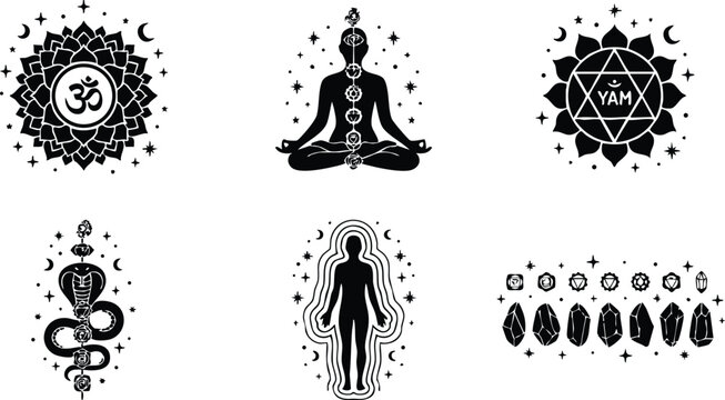 Black and white chakra symbols with meditating human and sacred geometry vector art