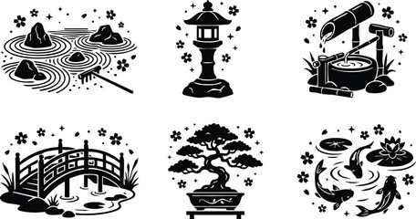 Obraz premium Black and white japanese garden elements with zen rocks bridge bonsai and koi fish vector art