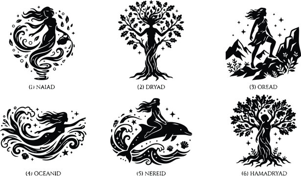 Black and white mythical female spirits naiads dryads oreads oceanids nereids hamadryad vector art