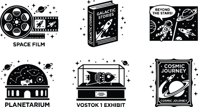 Space film reel and galactic stories book with cosmic journey poster and planetarium exhibit vector art