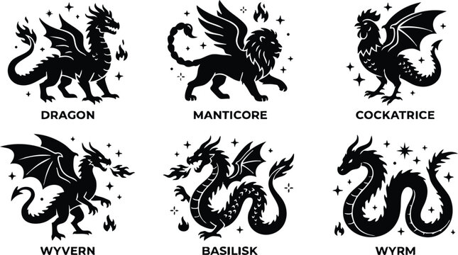Black and white silhouette mythical dragons collection with fire and stars vector art