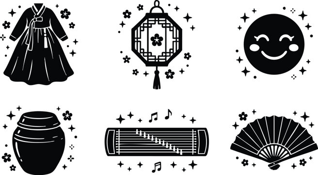 Hanbok dress lantern smiley zither fan and jar icons