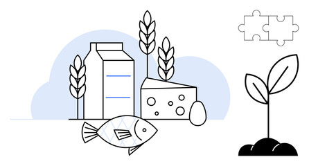 Fototapeta premium Sustainability, nutrition, agriculture, food production, health, environmental care. Composition of milk, cheese grains fish plant and puzzle piece. Sustainability and nutrition concept