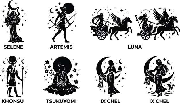 Black and white silhouette moon goddess figures selene artemis luna khonsu tsukuyomi and ix chel flat vector art